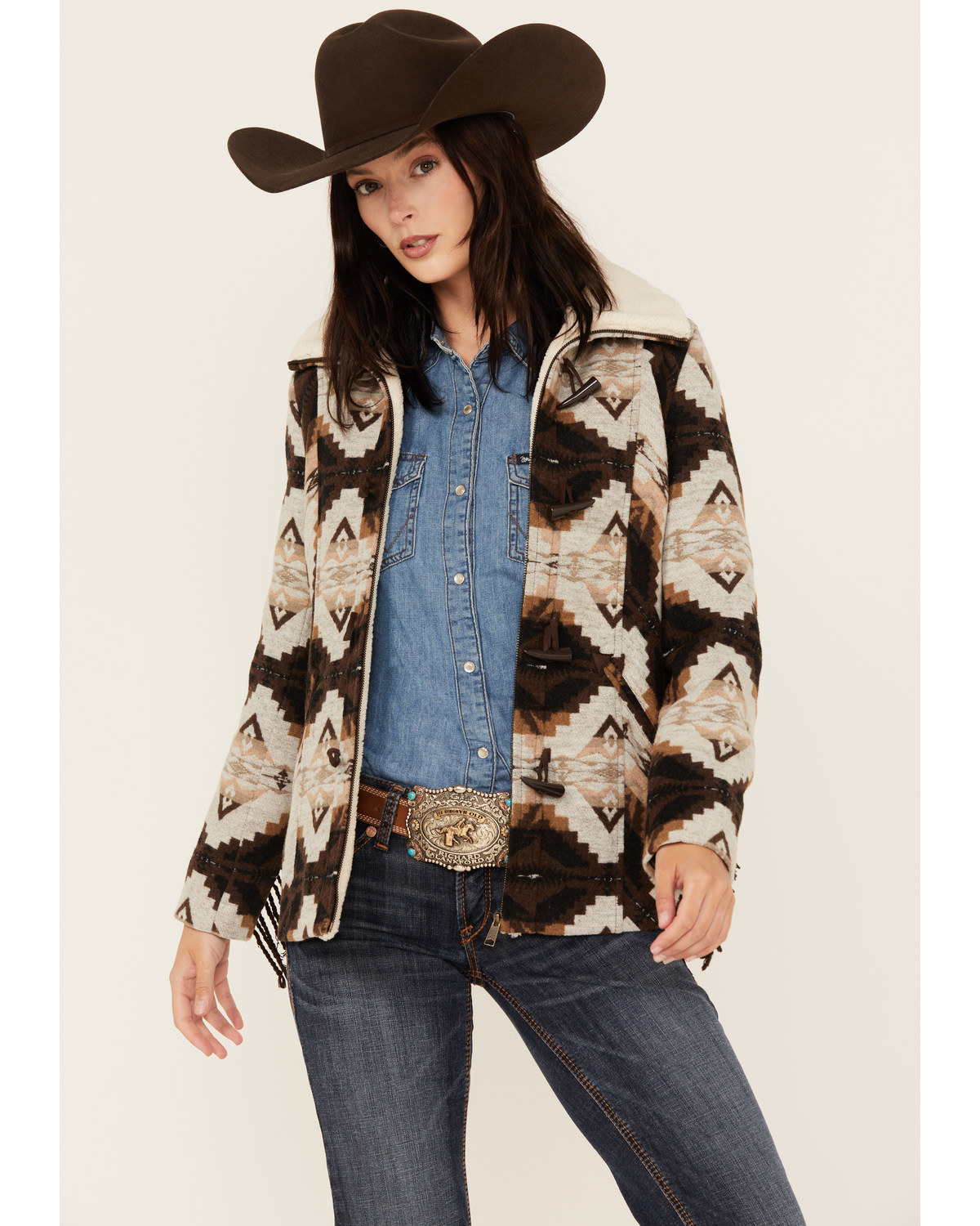 Powder River Outfitters Women's Southwestern Jacquard Fringe Coat