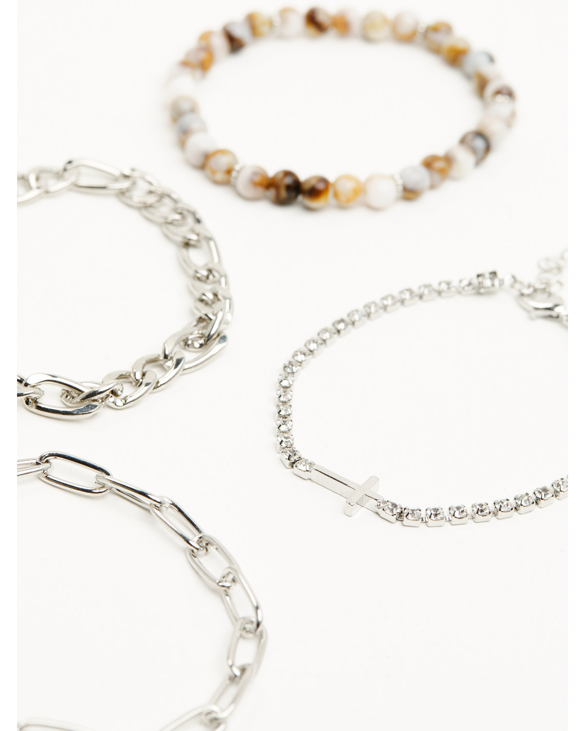 Shyanne Women's Cross Rhinestone and Natural Beaded Chain Bracelet Set - 4 Piece