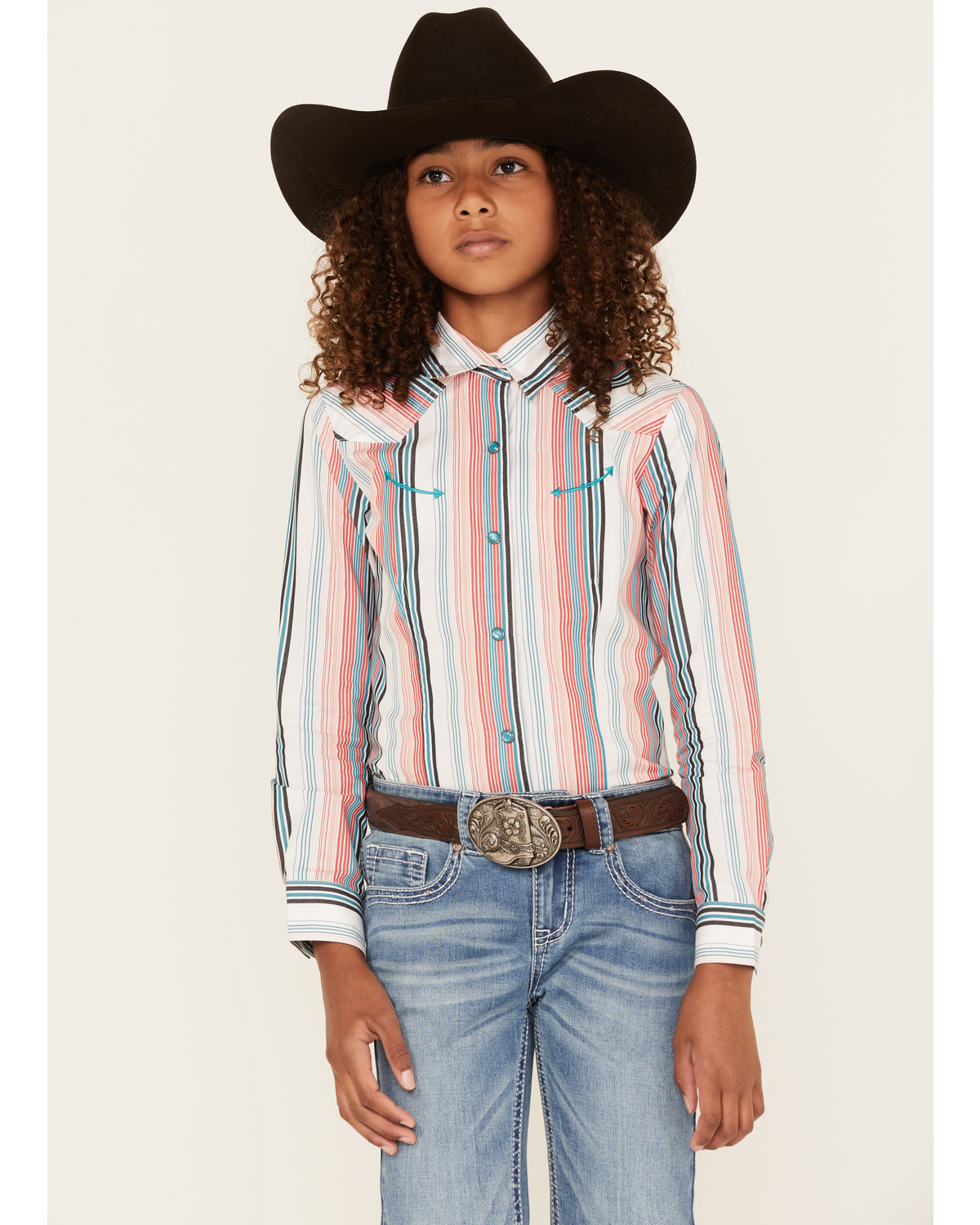 Cruel Girl Girls' Striped Print Long Sleeve Pearl Snap Western Shirt