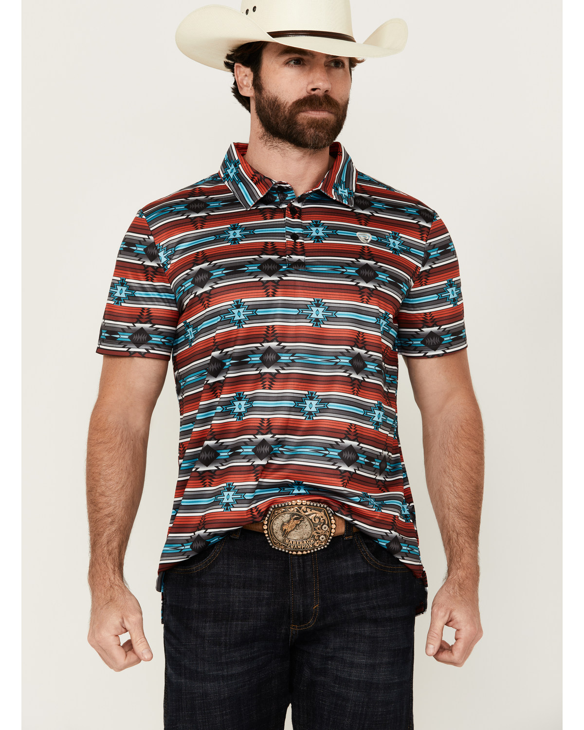 Rock & Roll Denim Men's Southwestern Striped Short Sleeve Stretch Polo Shirt