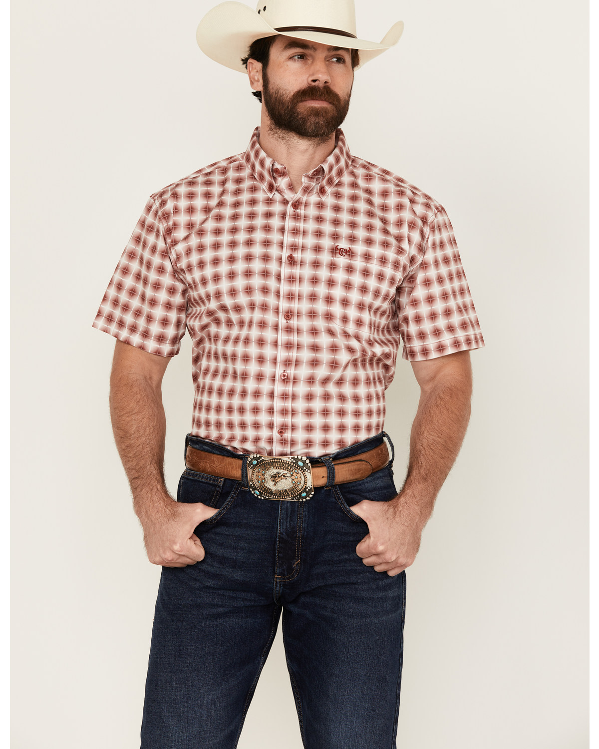 Cowboy Hardware Men's Cube Plaid Print Short Sleeve Button-Down Western Shirt