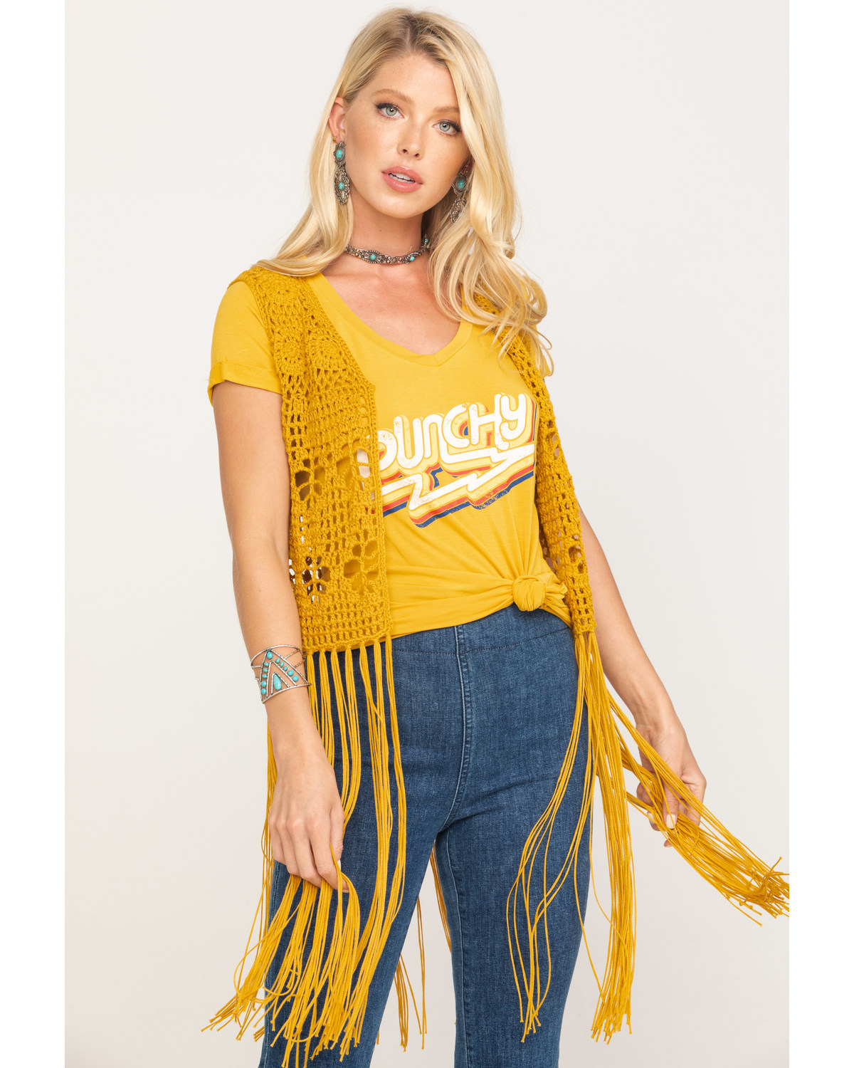 Rock Roll Cowgirl Women S Mustard Crochet Long Fringe Vest
