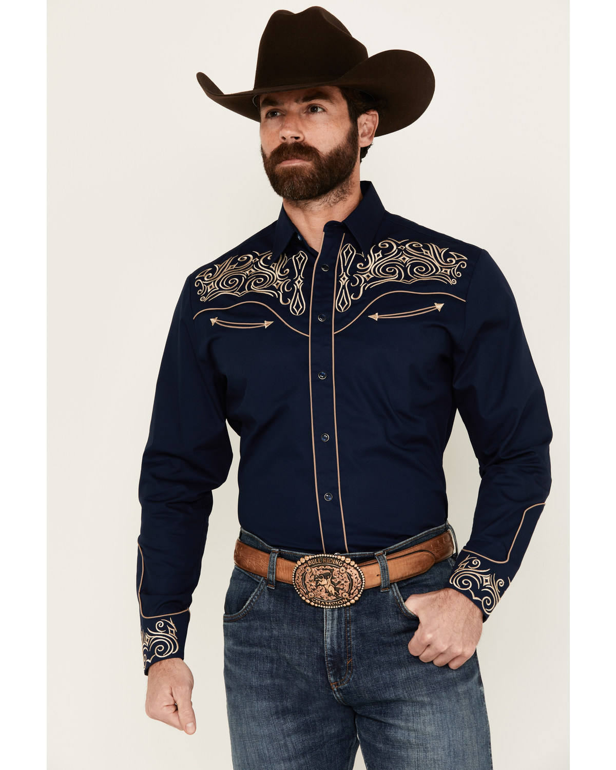Rodeo Clothing Men's Fancy Smiley Yoke Embroidered Long Sleeve Pearl Snap Western Shirt