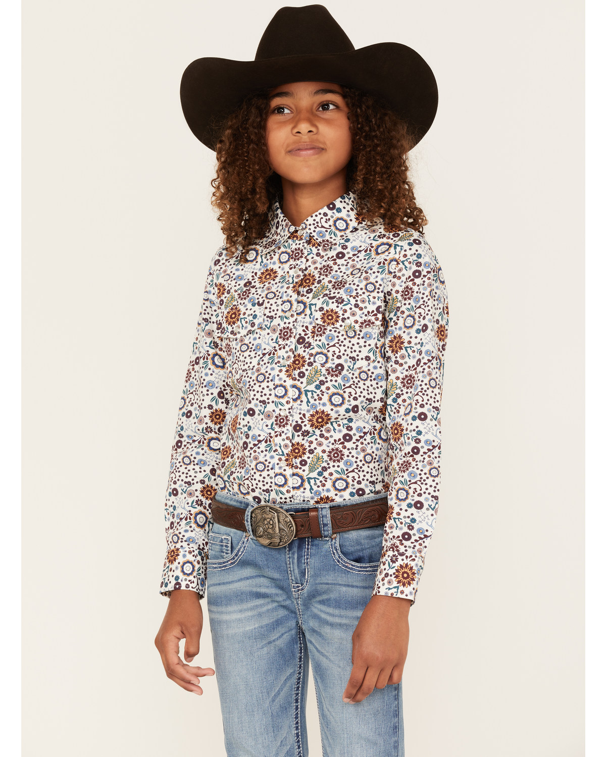 Shyanne Girls' Ditsy Floral Print Long Sleeve Western Pearl Snap Shirt