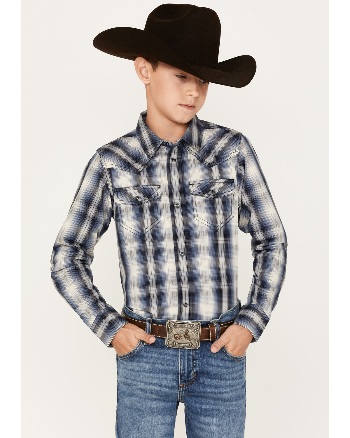 Cody James Boys' Plaid Print Long Sleeve Western Snap Shirt