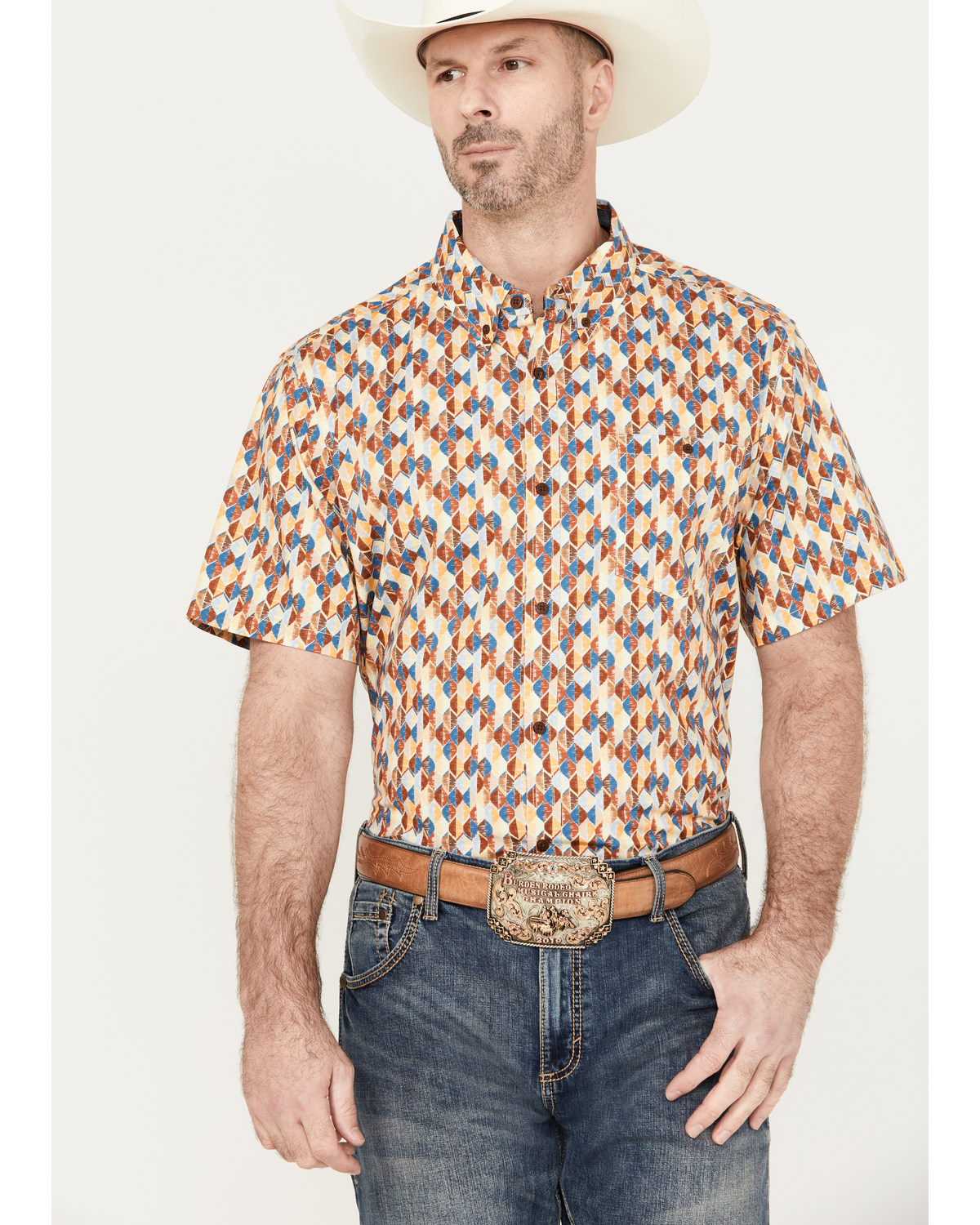 RANK 45® Men's Abstract Geo Print Short Sleeve Button-Down Shirt