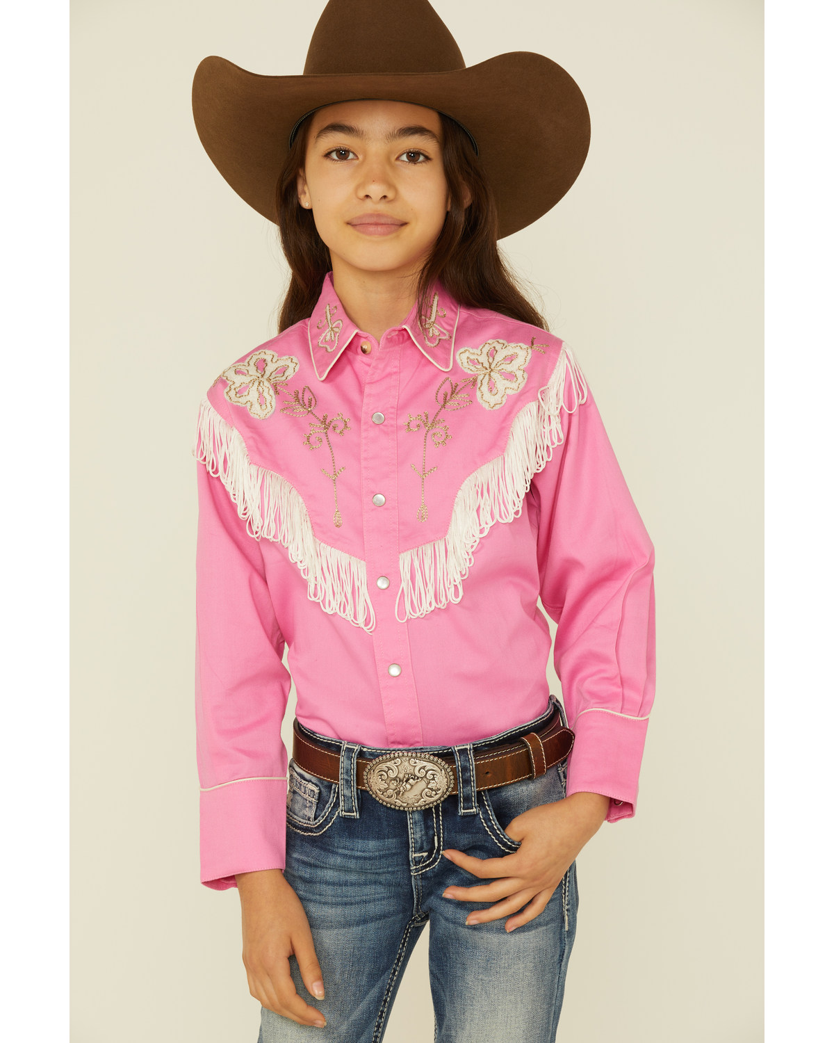 Rockmount Ranchwear Girls' Embroidered Vintage Fringe Long Sleeve Pearl Snap Western Shirt