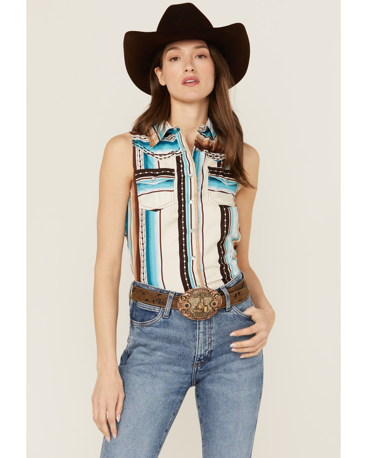 Cowgirl Hardware Women's Serape Striped Sleeveless Snap Western Shirt
