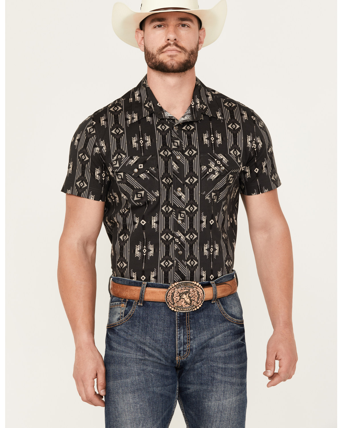 Rock & Roll Denim Men's Southwestern Print Stretch Short Sleeve Pearl Snap Western Shirt