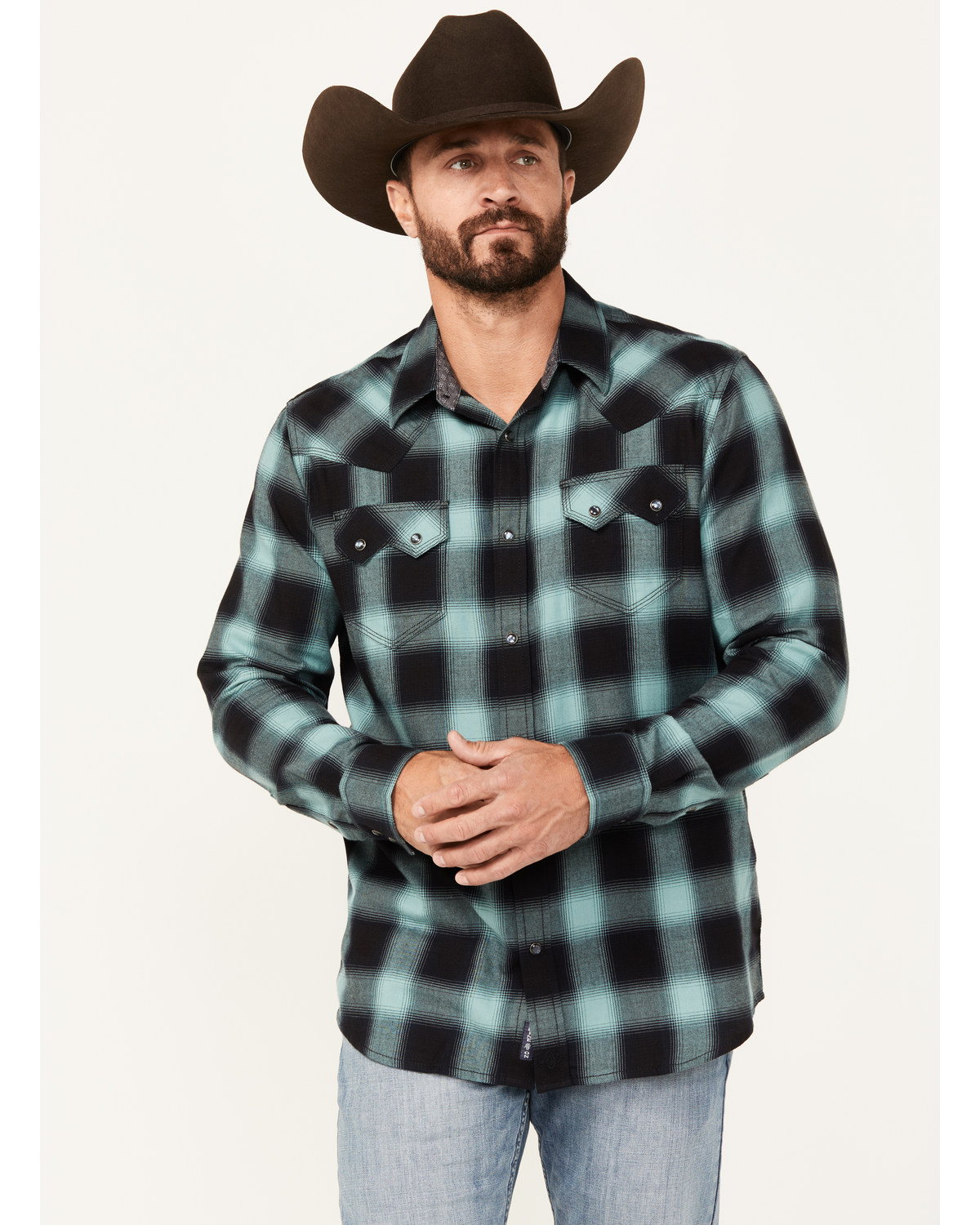 Moonshine Spirit Men's Ombre Plaid Print Long Sleeve Snap Western Shirt