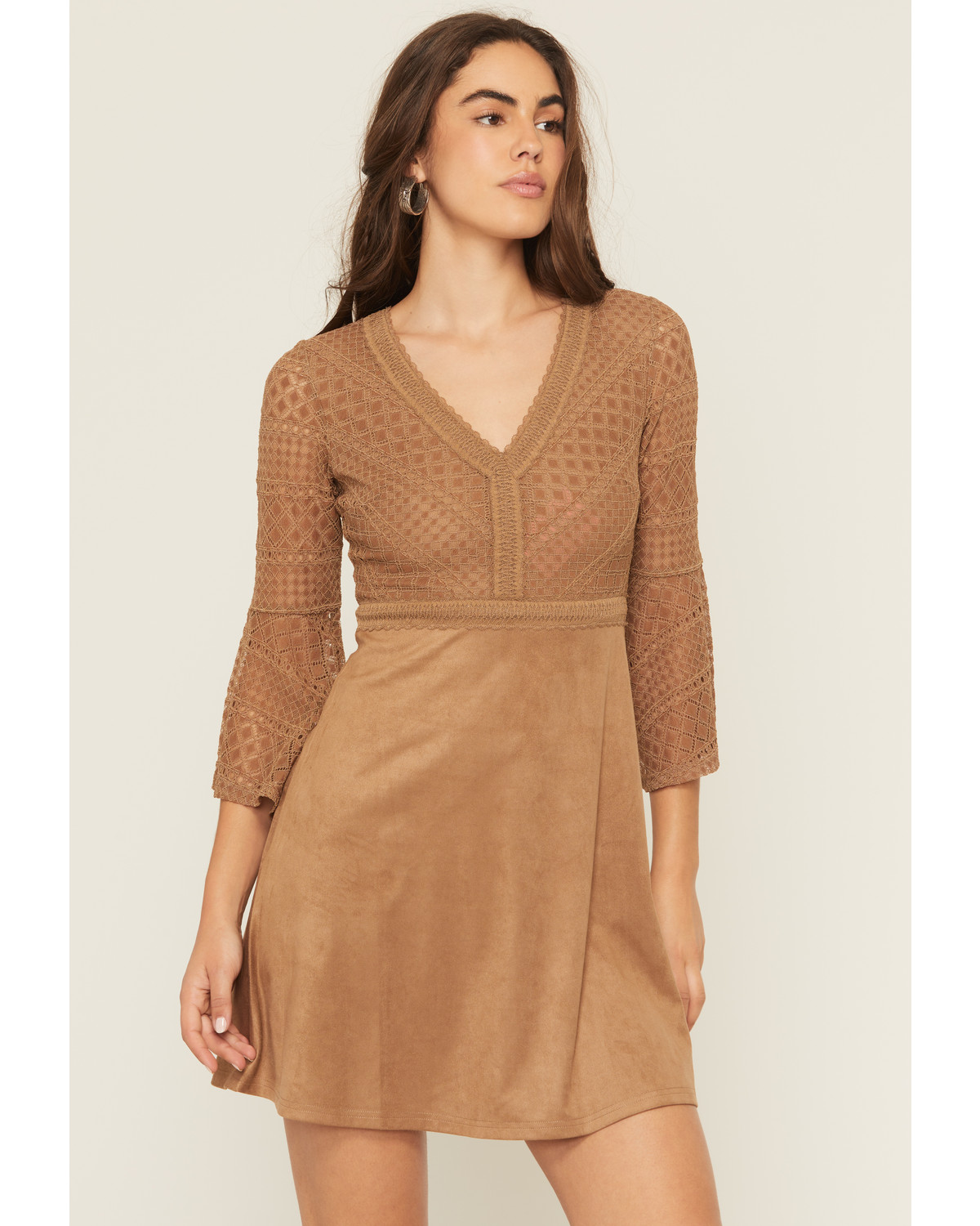 Shyanne Women's Faux Suede Lace Bell Sleeve Mini Dress
