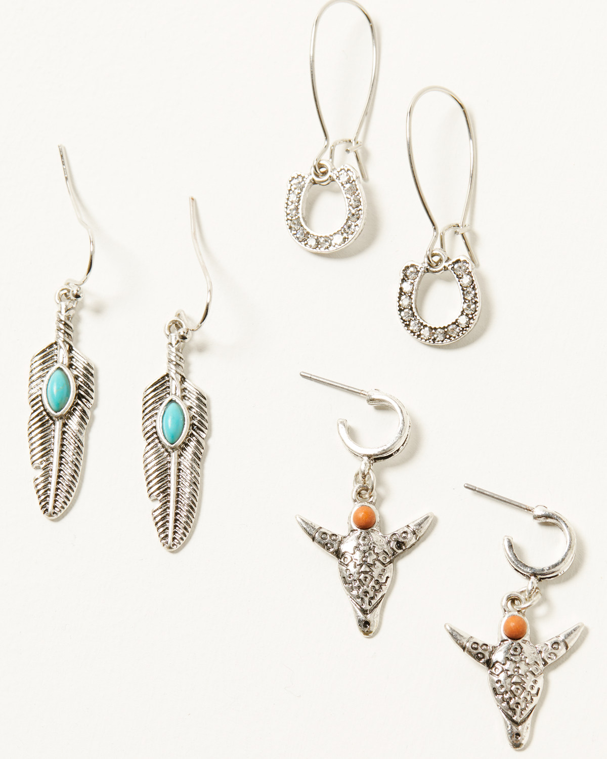 Shyanne Women's Feather Horseshoe Bull Earring Set - 3 Piece