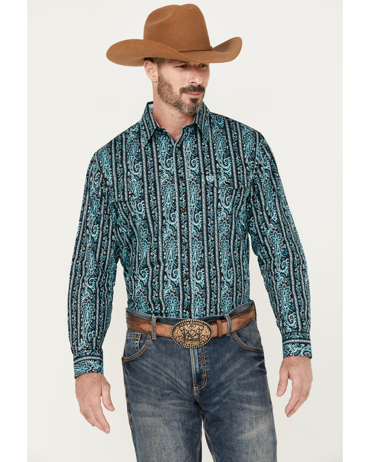 Panhandle Select Men's Paisley Striped Print Long Sleeve Western Snap Shirt