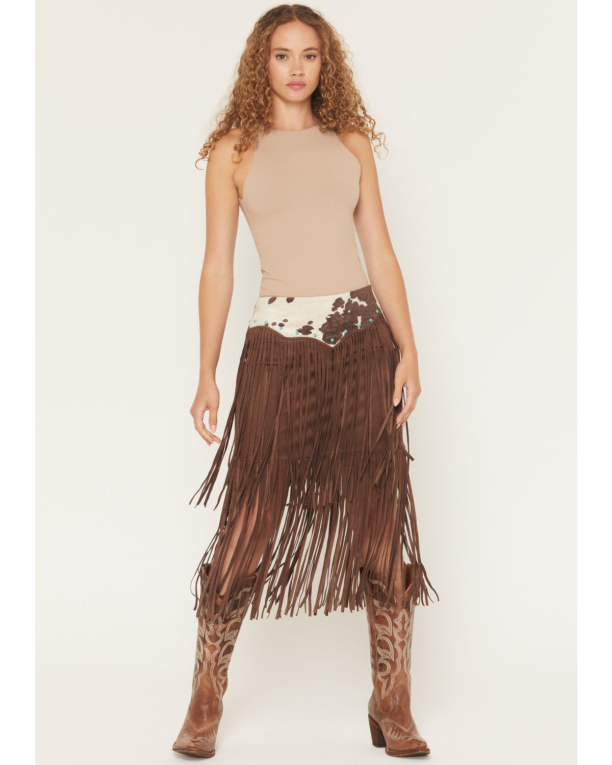 Shyanne Women's Raven Cow Print Faux Suede Fringe Mini Skirt