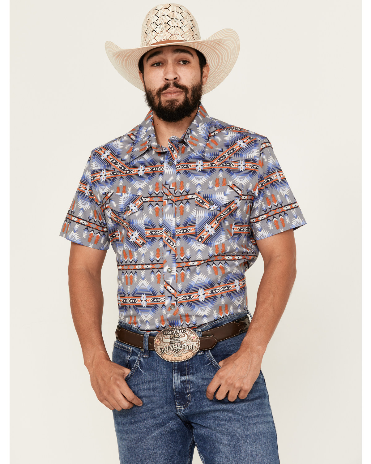 Rock & Roll Demin Men's Southwestern Print Short Sleeve Pearl Snap Stretch Western Shirt