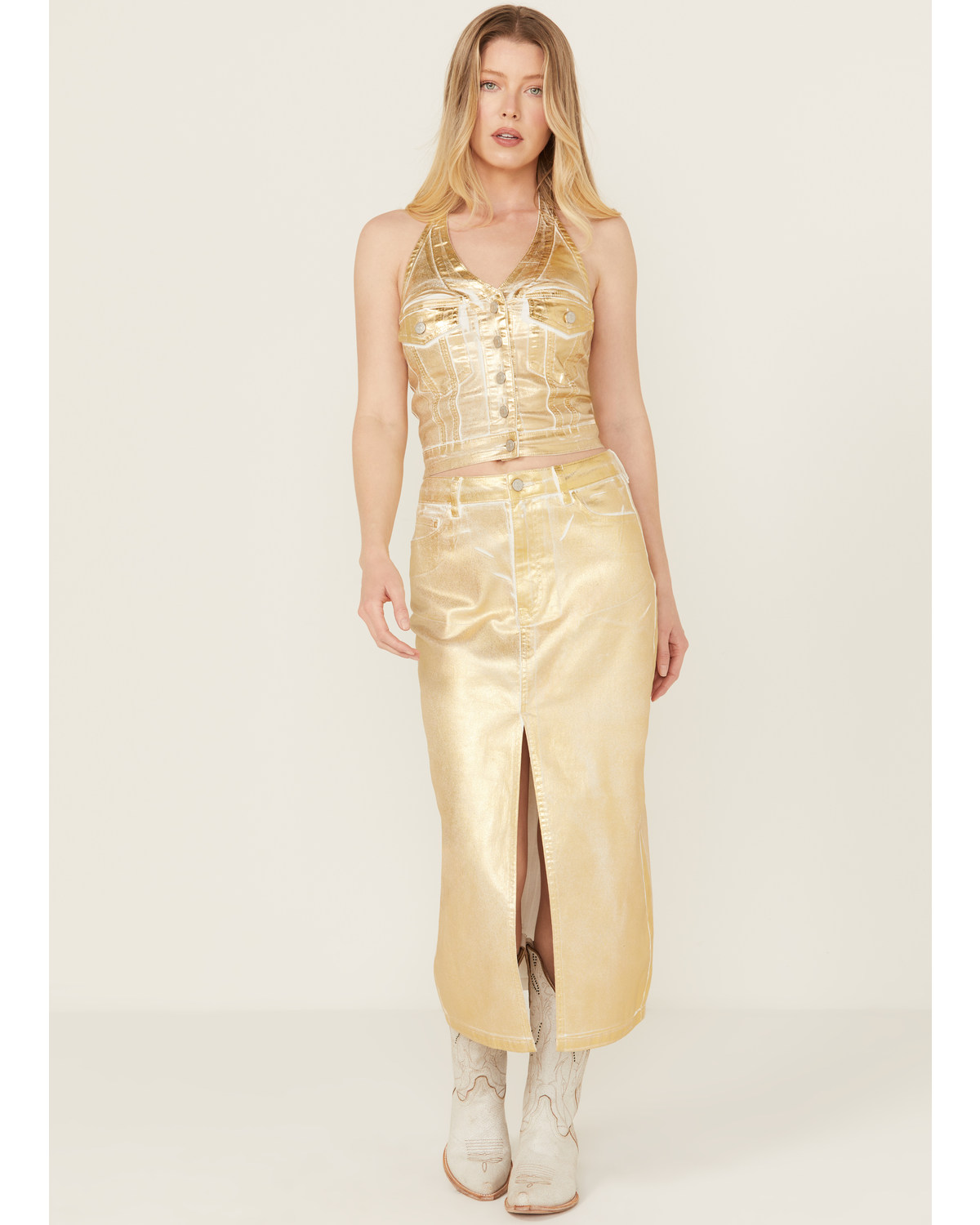 Vibrant Denim Women's Metallic Gold Maxi Skirt
