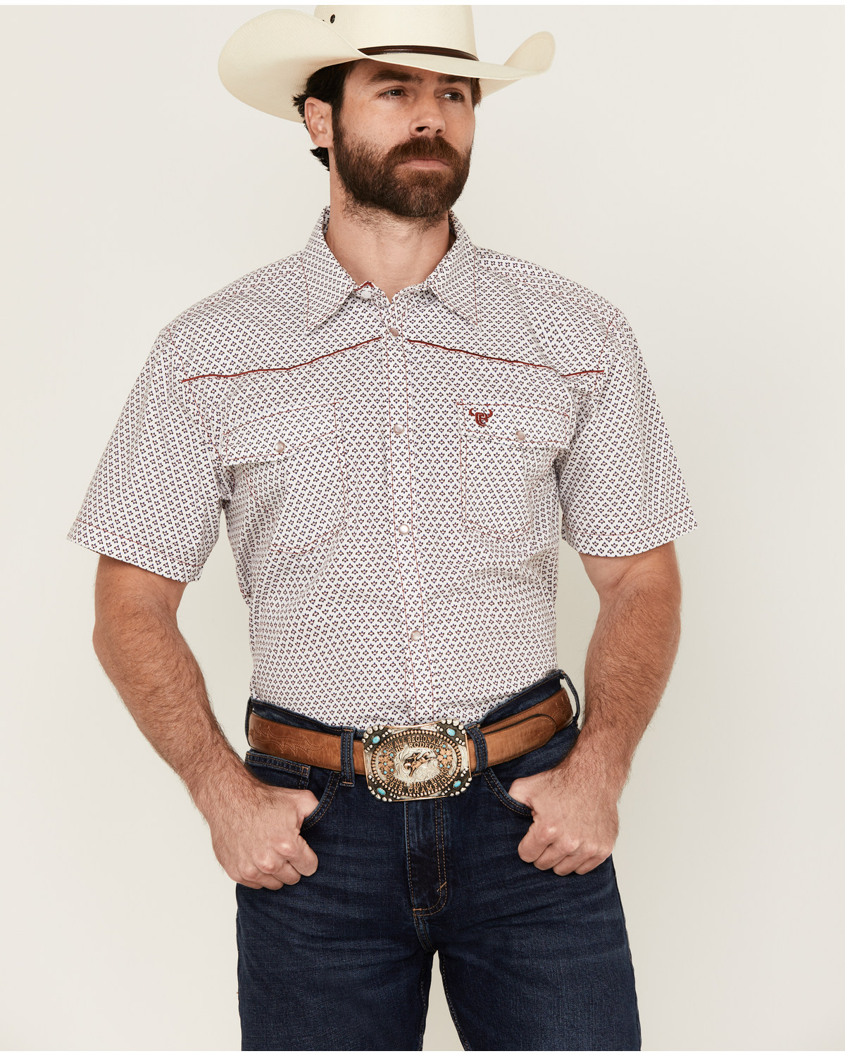 Cowboy Hardware Men's Fleur Printed Short Sleeve Pearl Snap Western Shirt