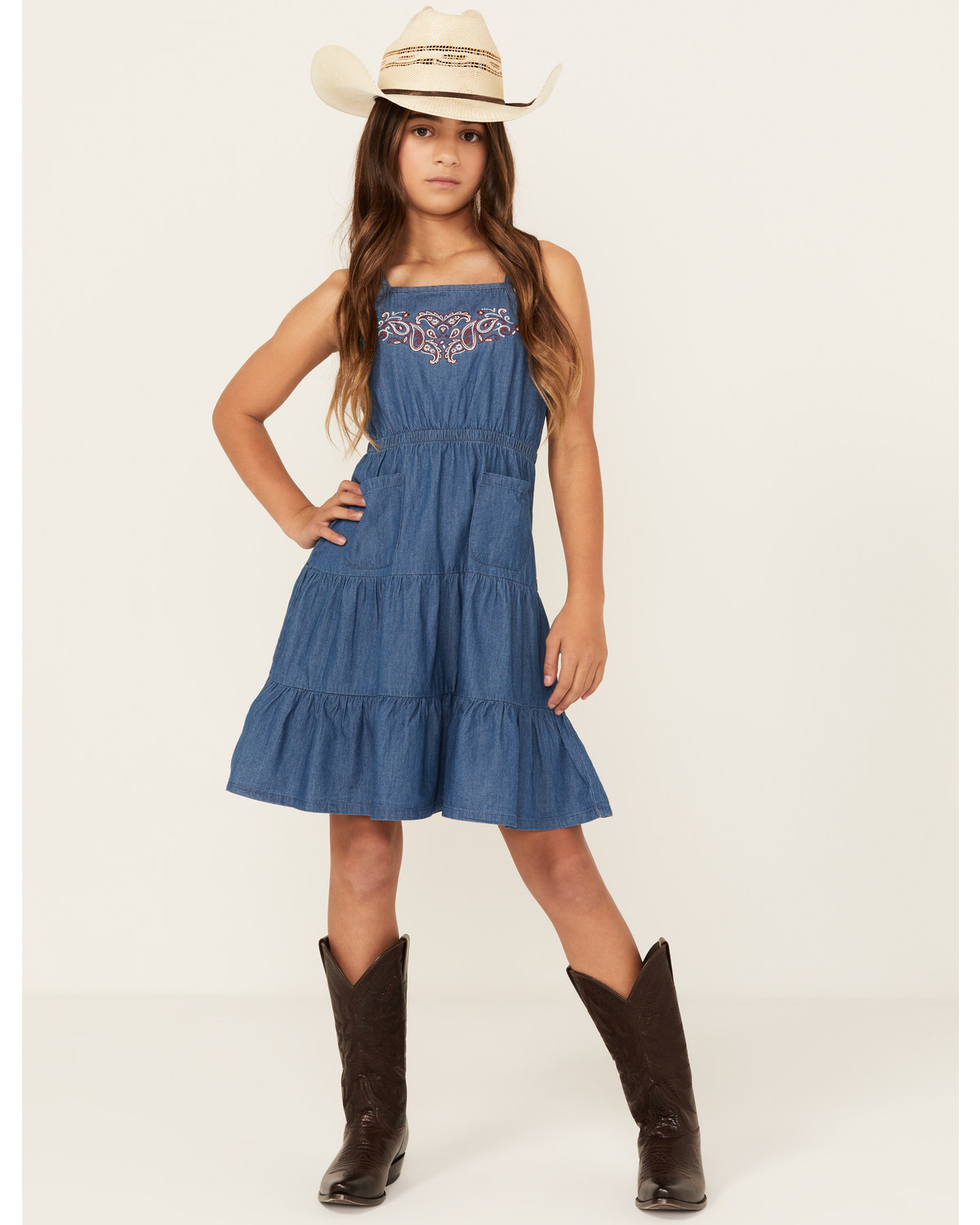 Shyanne Girls' Pinedale Paisley Embroidered Sleeveless Denim Ruffle Dress