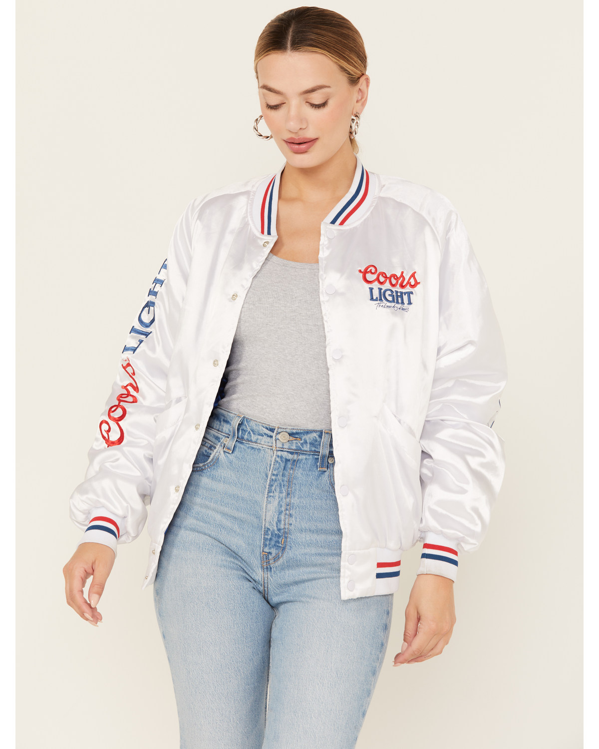 The Laundry Room Women's Faux Satin Coors Light Bomber Jacket