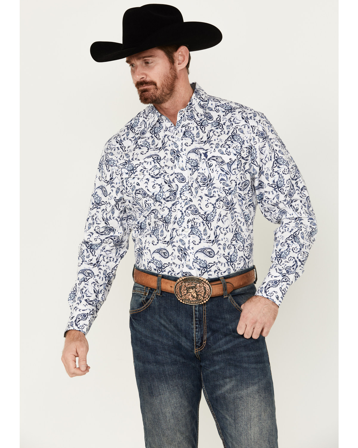 Rodeo Clothing Men's Floral Paisley Print Long Sleeve Pearl Snap Western Shirt