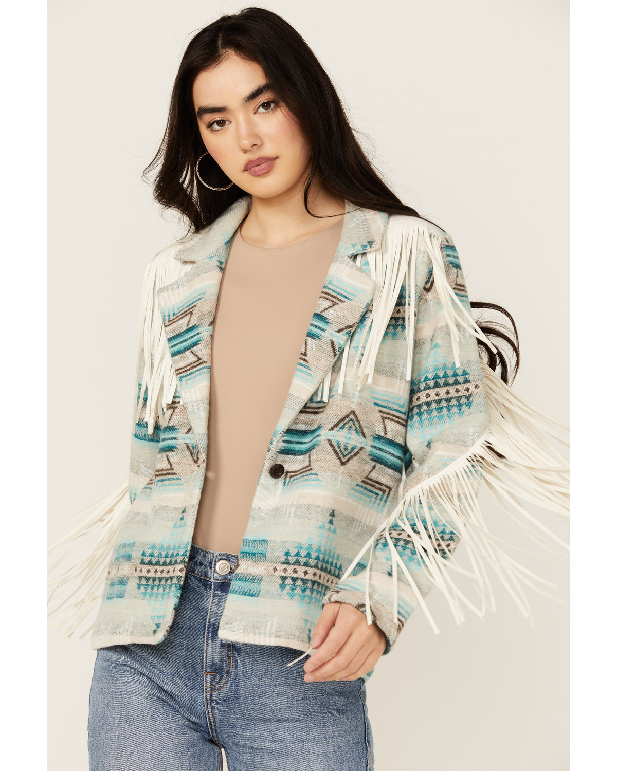 Rock & Roll Denim Women's Southwestern Print Fringe Jacket