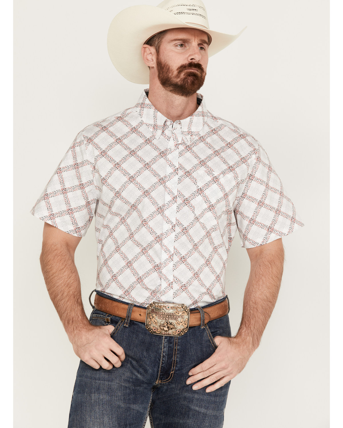 RANK 45® Men's Biased Abstract Plaid Print Short Sleeve Button-Down Western Shirt