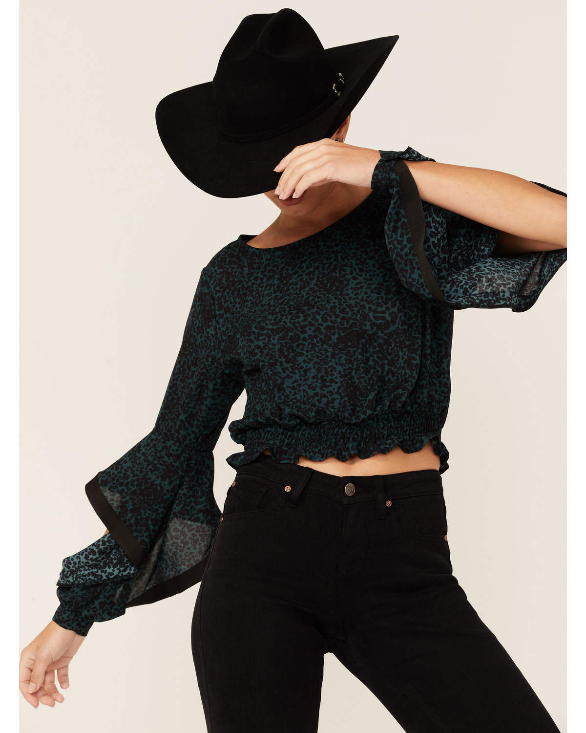 Shyanne Women's Dark Green Animal Print Bell Sleeve Crop Top