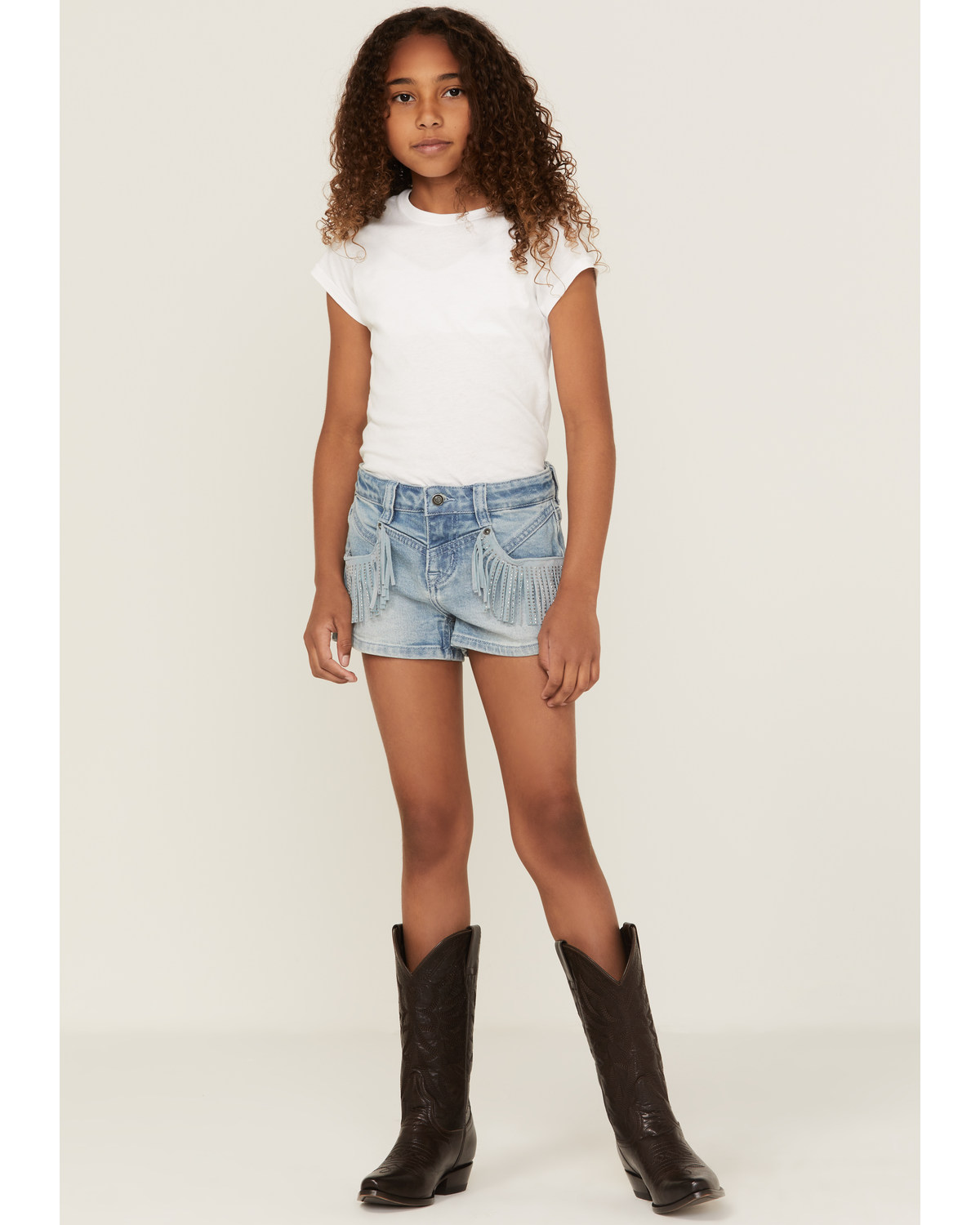 Rock & Roll Denim Girls' Front Yoke Fringe Pocket Shorts