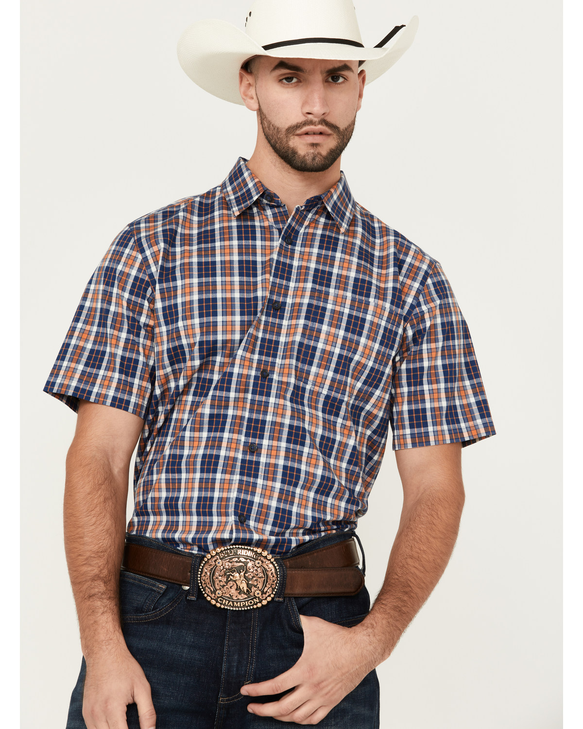 Cody James Men's Tequila Sunrise Plaid Print Short Sleeve Button-Down Stretch Western Shirt