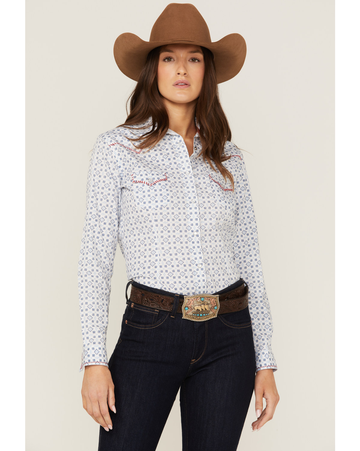 Panhandle Women's Mini Southwestern Geo Whipstitch Long Sleeve Pearl Snap Western Shirt
