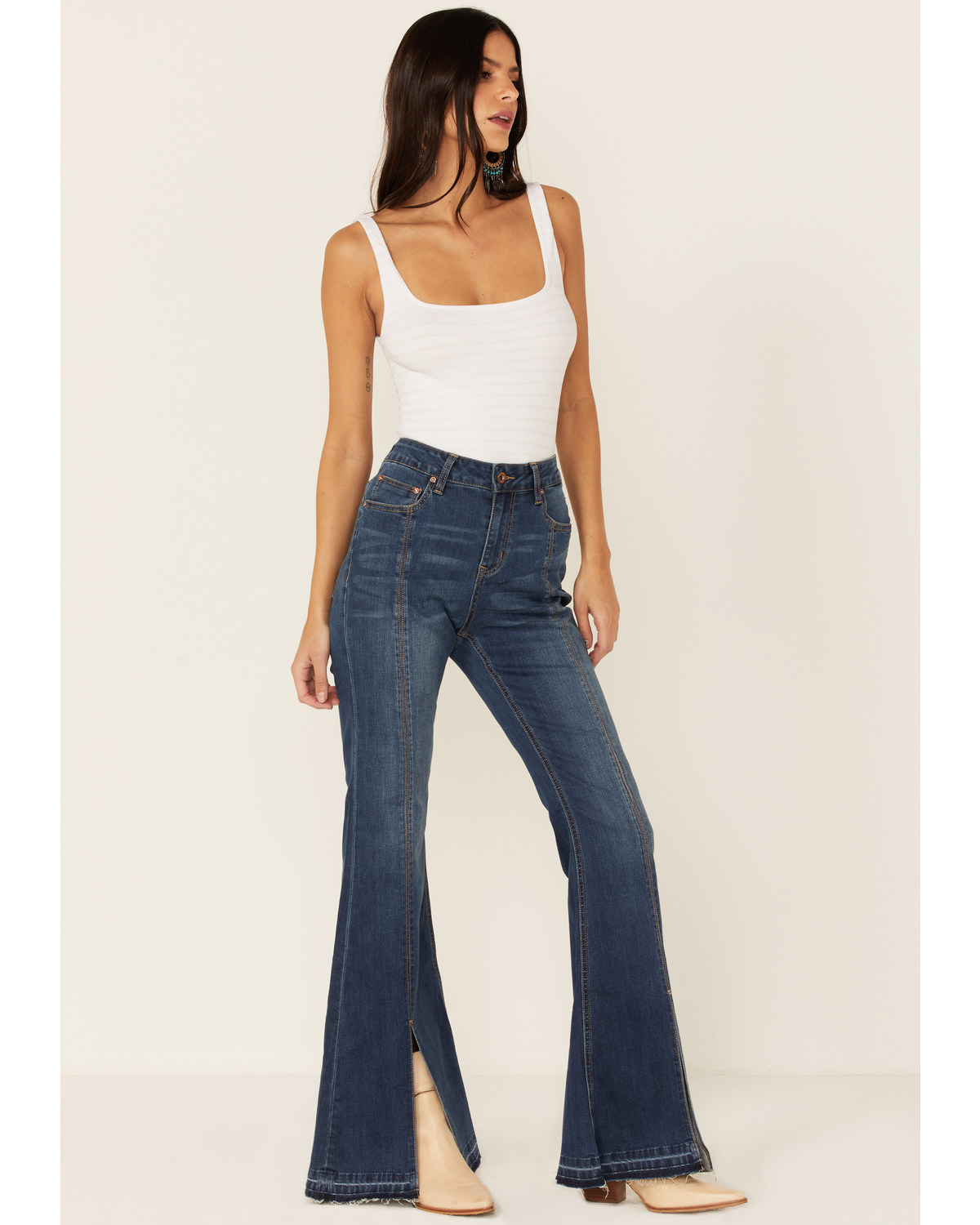 Grace LA Women's High Rise Split Bottom Flare Denim Jeans