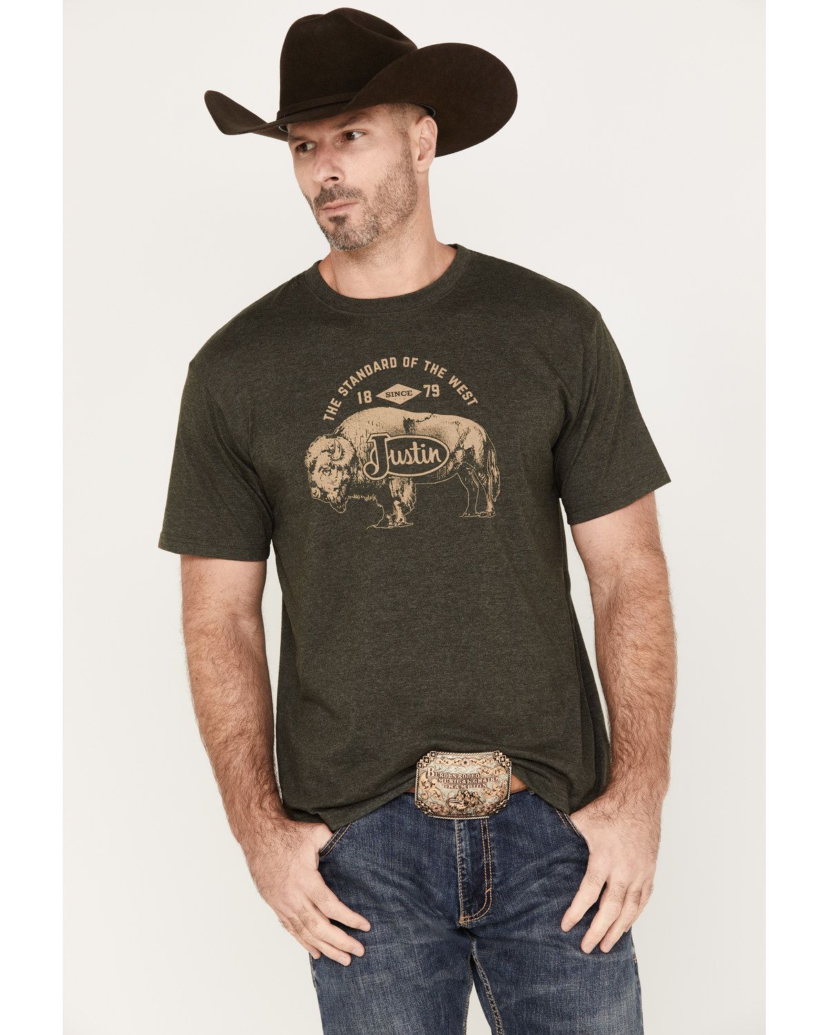Justin Men's Heather Olive Buffalo Graphic Short Sleeve T-Shirt