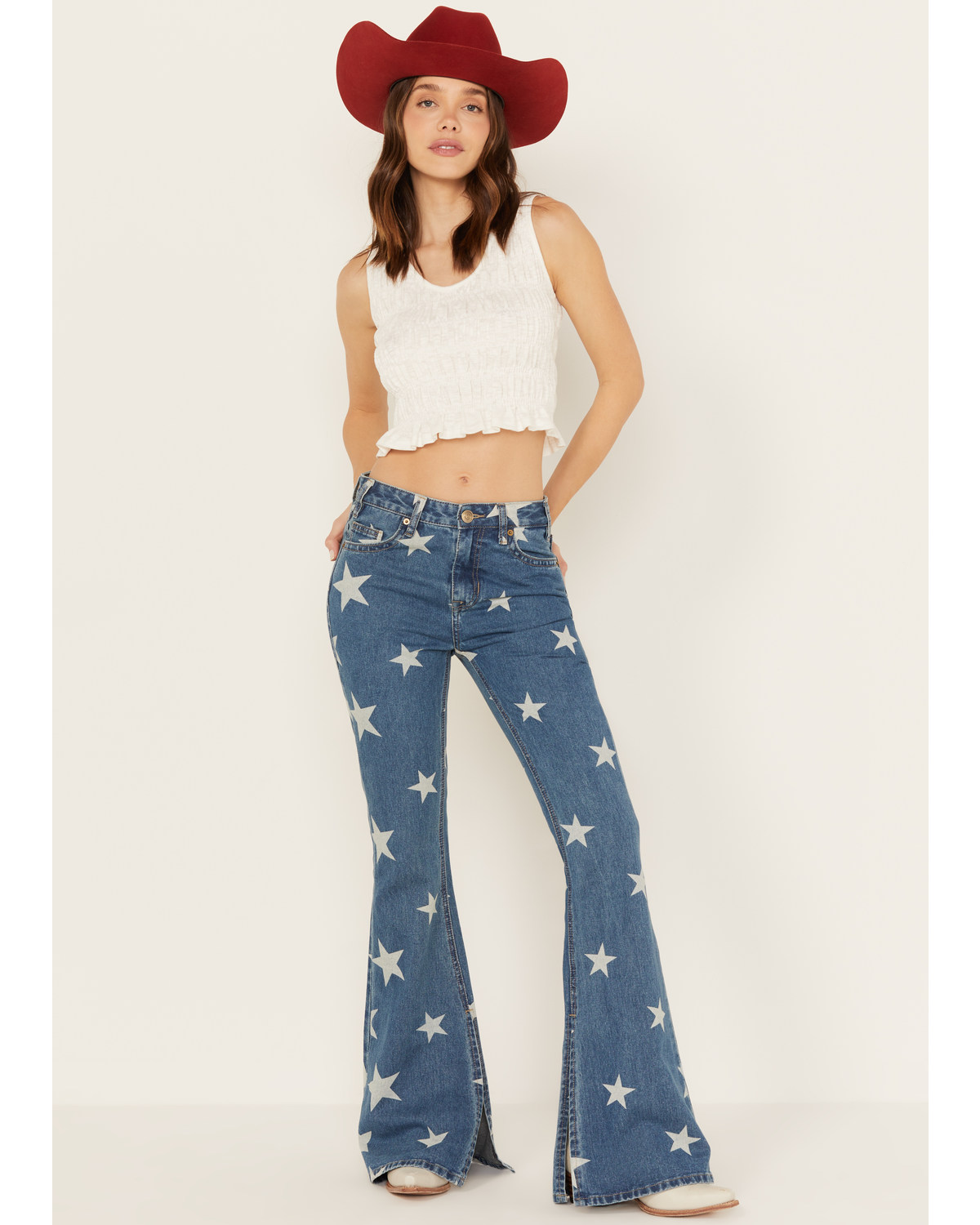 Rock & Roll Denim Women's Light Wash High Rise Star Print Americana Slit Flare Jeans