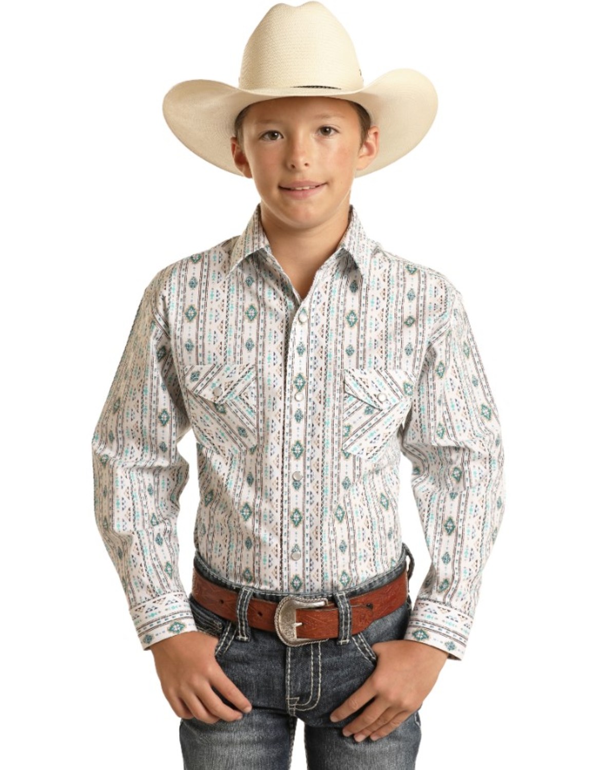 Rough Stock by Panhandle Boys' Southwestern Striped Long Sleeve Western Pearl Snap Shirt