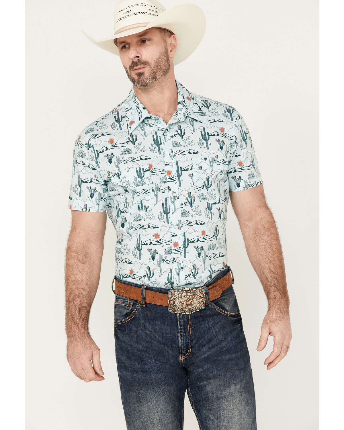 Rock & Roll Denim Men's Cactus Short Sleeve Western Pearl Snap Shirt