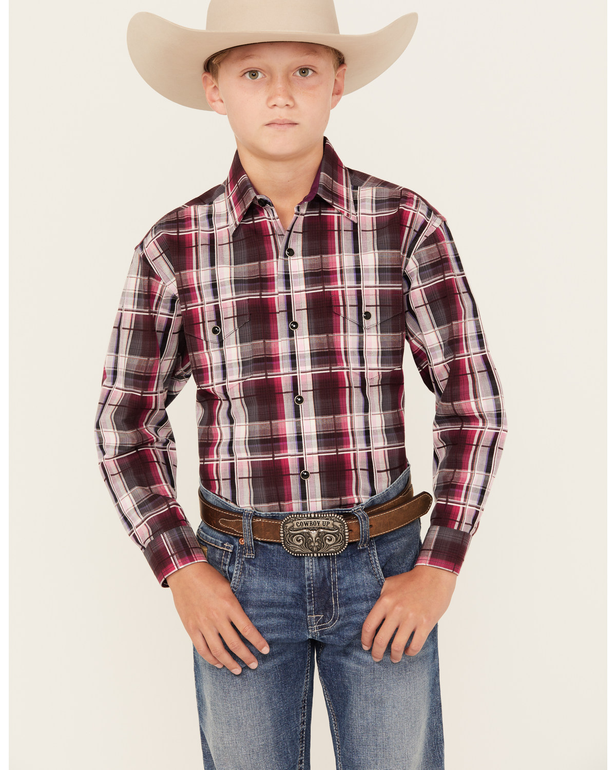 Panhandle Boys' Plaid Print Long Sleeve Snap Western Shirt