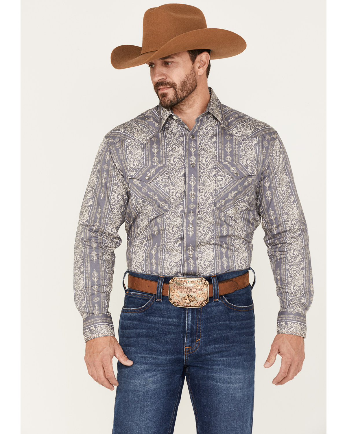 Rough Stock by Panhandle Men's Paisley Striped Long Sleeve Snap Western Shirt
