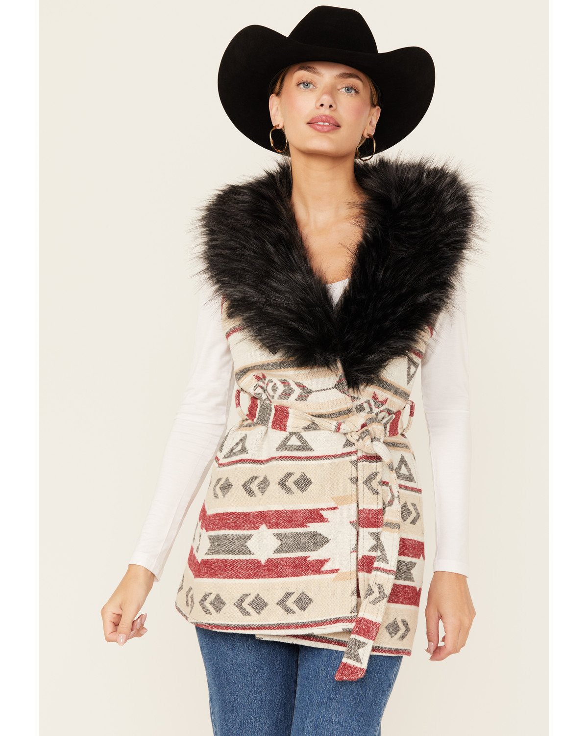 Cripple Creek Women's Southwestern Print Fur Collar Wrap Vest