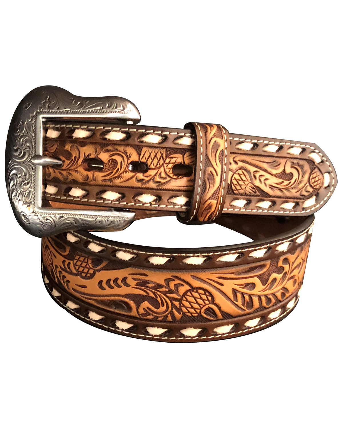 Roper Men&#39;s Tapered Floral Tooled Silver Buckle Belt | Boot Barn