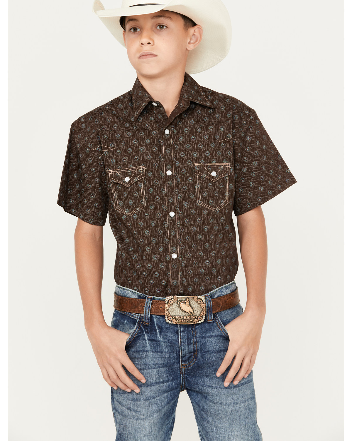 Rock & Roll Denim Boys' Medallion Vintage Short Sleeve Snap Western Shirt