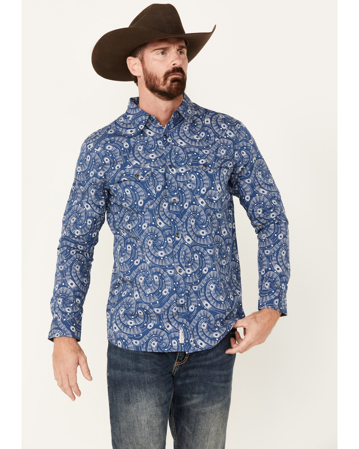 Moonshine Spirit Men's Record Player Floral Print Long Sleeve Snap Western Shirt