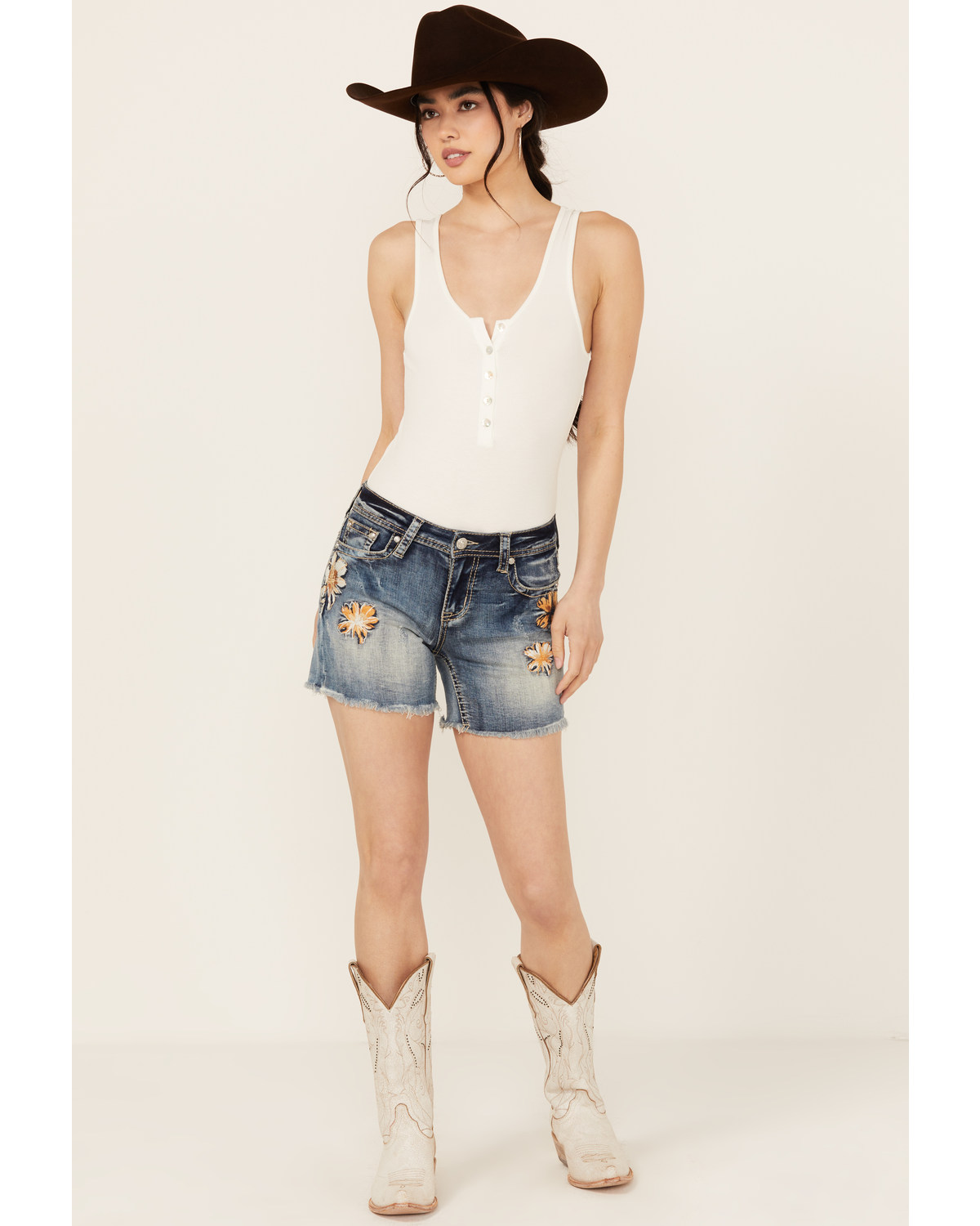 Grace LA Women s Medium Wash Floral Embroidered Mid Rise Cutoff Stretch Denim Shorts Boot Barn in Tustin CA
