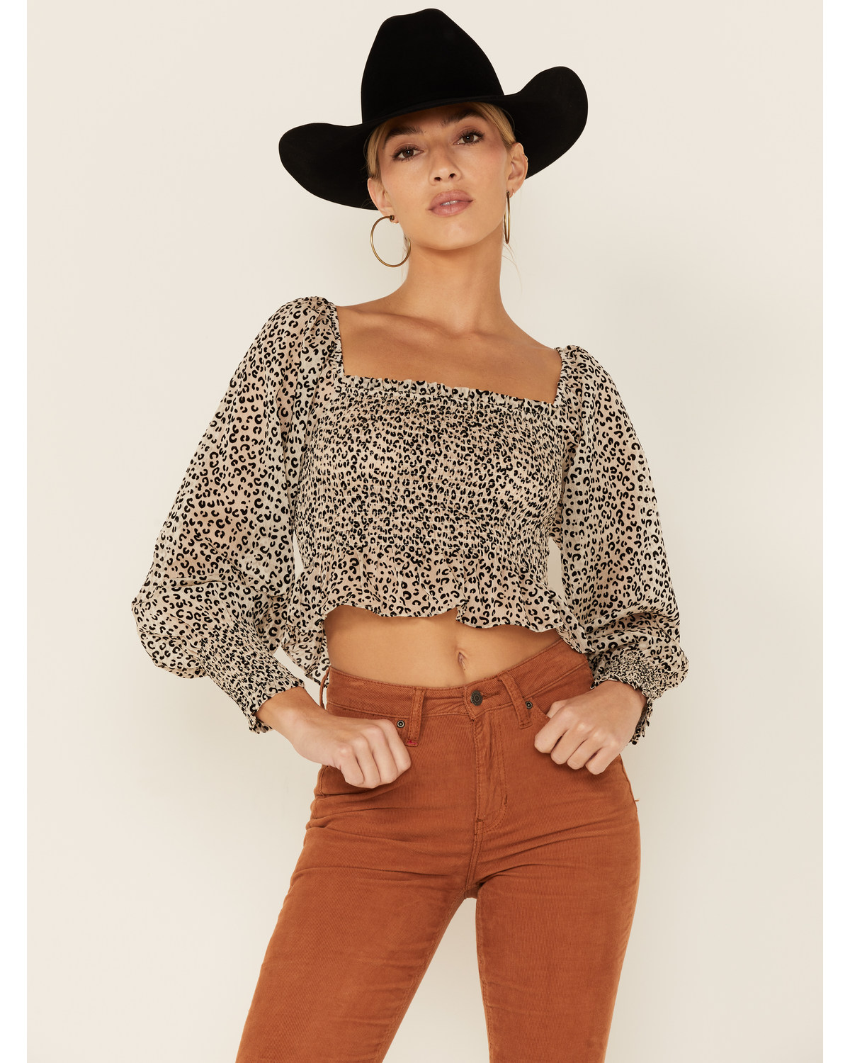 Lush Women's Long Sleeve Cheetah Smocked Crop Top