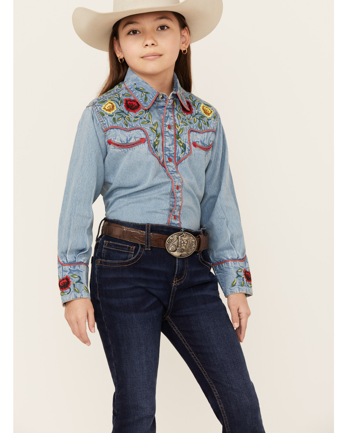 Rockmount Ranchwear Girls' Floral Yoke Long Sleeve Pearl Snap Denim Western Shirt