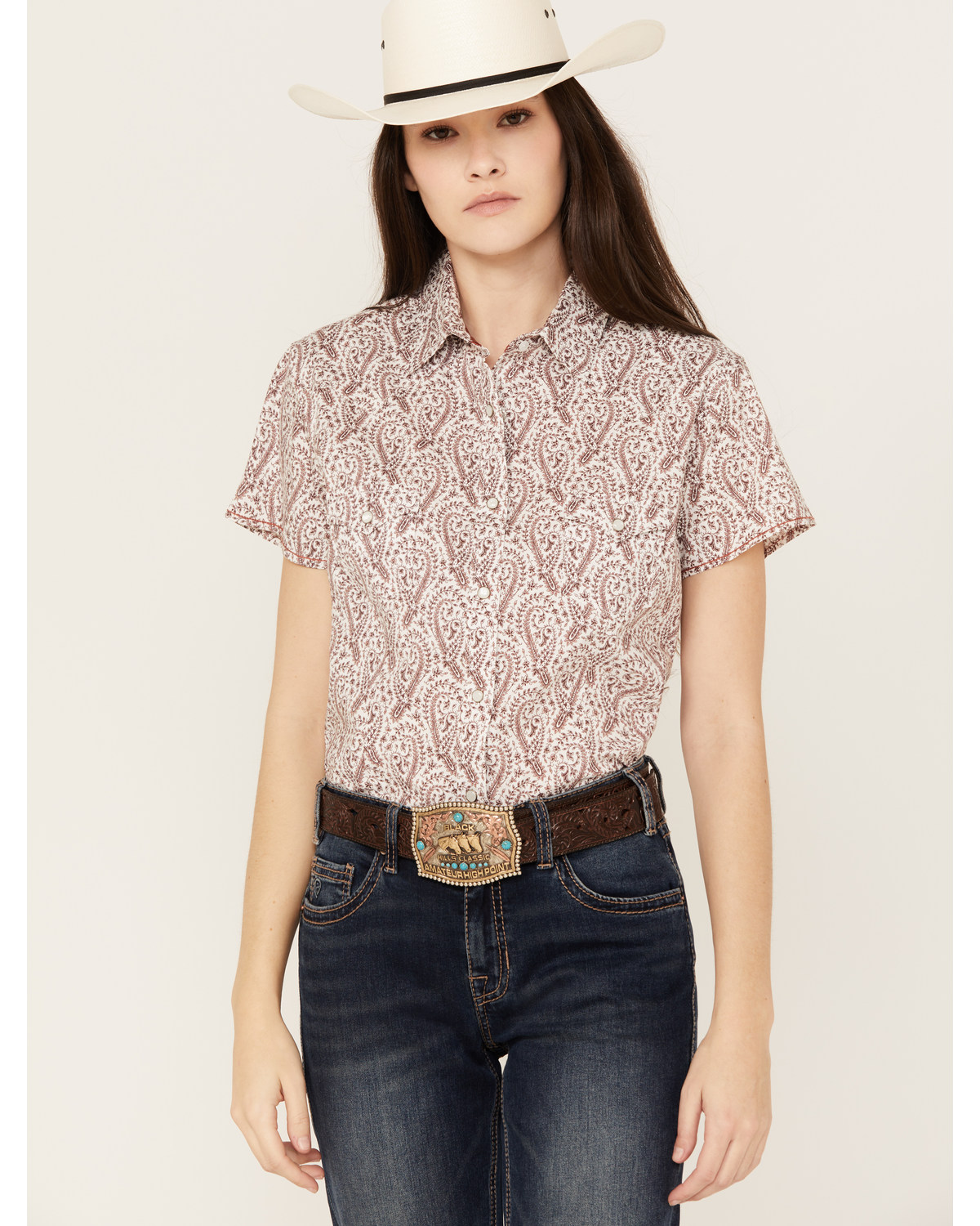 Rough Stock by Panhandle Women's Paisley Print Stretch Short Sleeve Western Snap Shirt