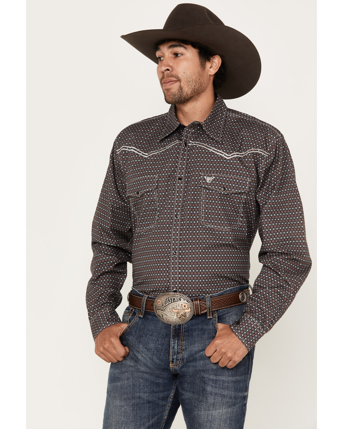 Cowboy Hardware Men's Curvy Diamond Geo Print Long Sleeve Western Snap Shirt