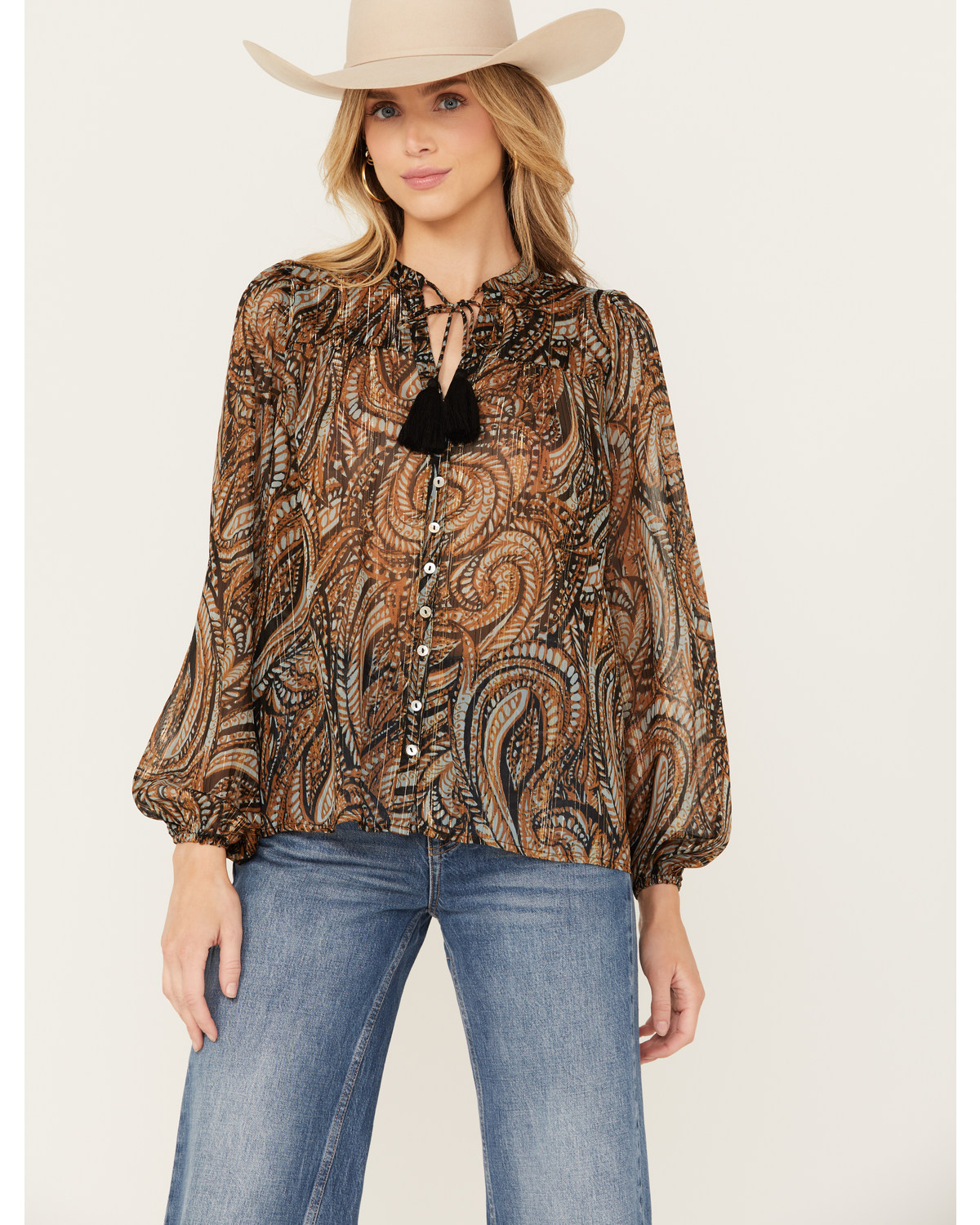 Revel Women's Paisley Print Long Sleeve Peasant Top