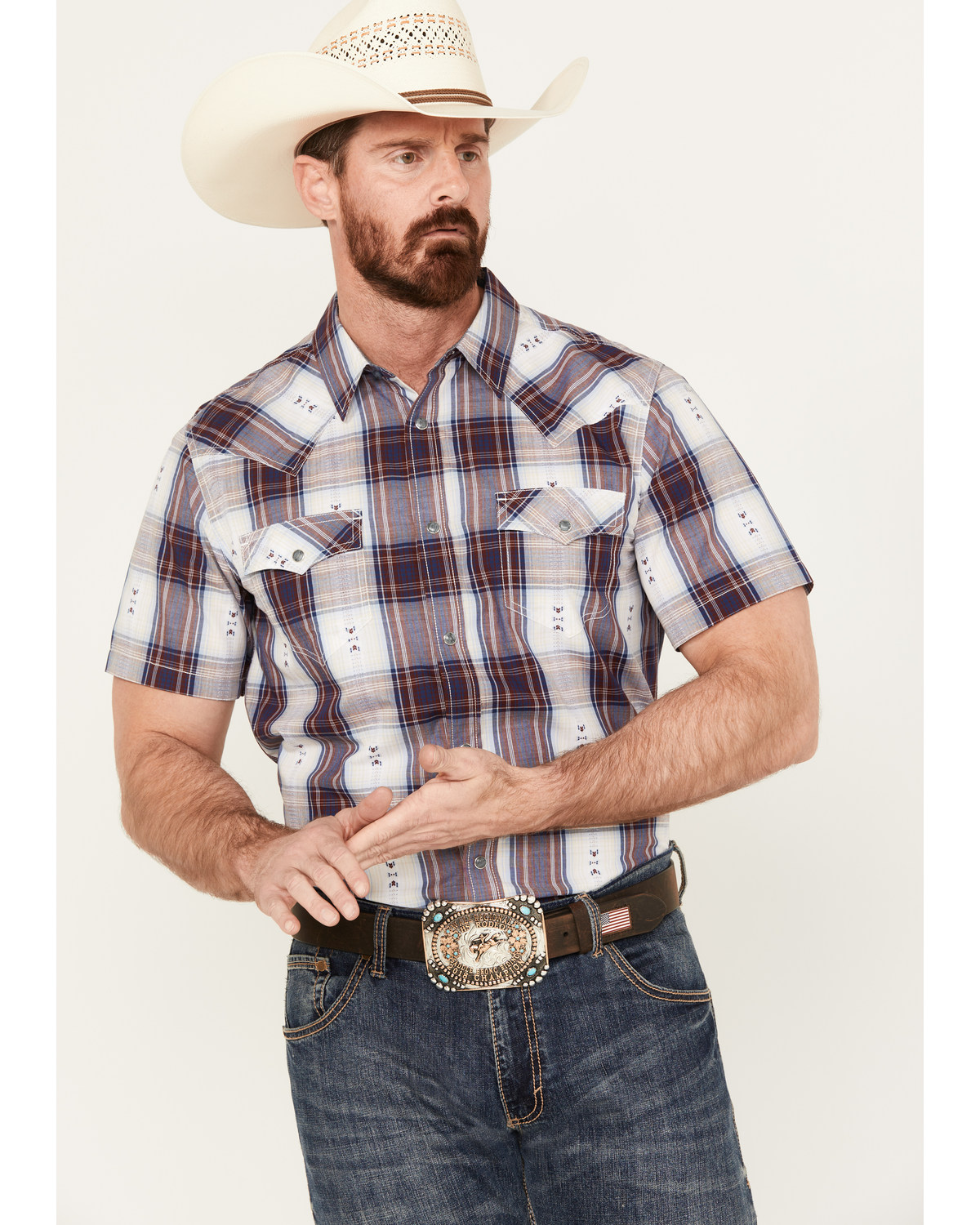 Cody James Men's Dog Southwestern Dobby Plaid Print Short Sleeve Western Snap Shirt