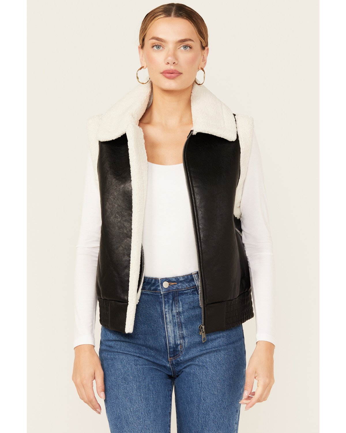 Ashley Women's Faux Leather Aviator Sherpa Zip-Up Vest