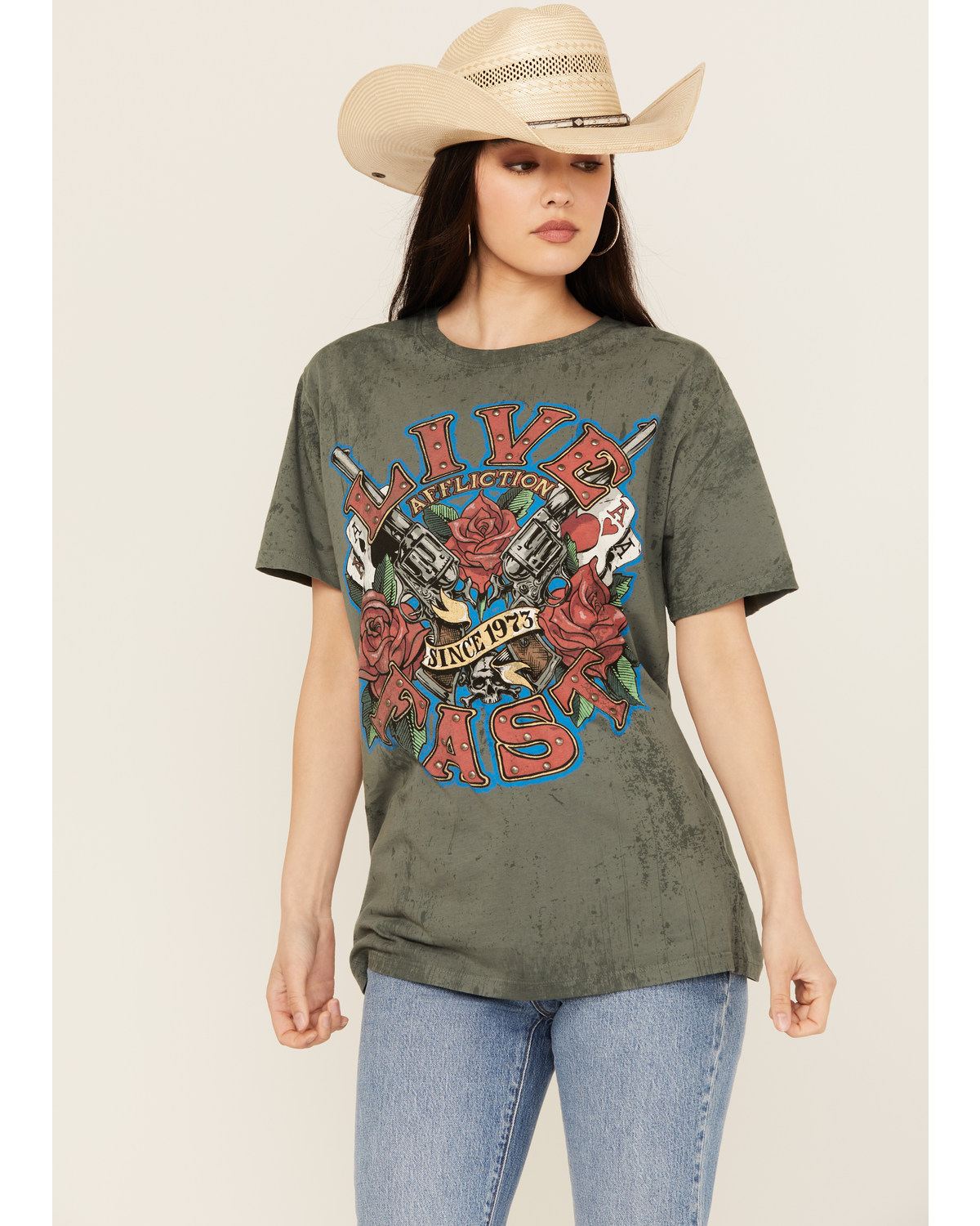 Affliction Women's Live Fast Studded Short Sleeve Graphic Tee